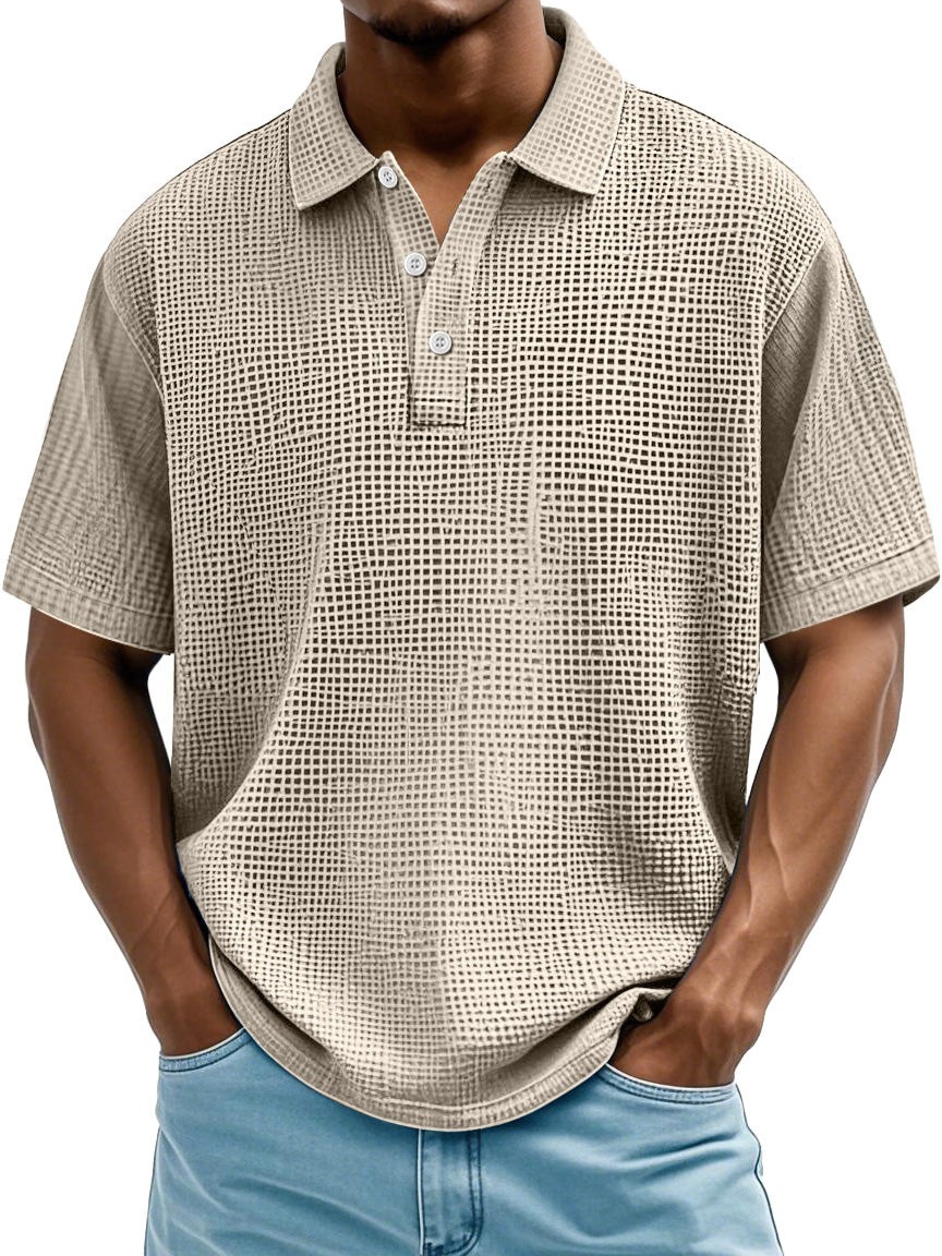 Men's Daily Casual Waffle Texture Solid Color Loose Short-sleeved Polo Shirt