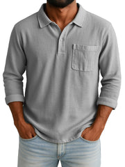 Men's Retro-chic Ramie Fabric Long-sleeved Polo Shirt With Loose-fitting Drawstring Waist And Embroidered Logo 