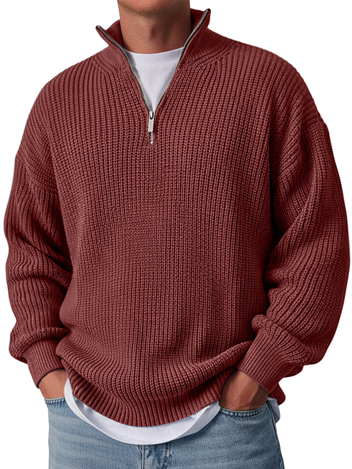Men's Simple Casual Loose Stand Collar Zipper Solid Color Sweater