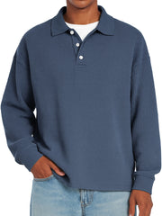 Men's Daily Waffle Casual Lapel Button Loose Long Sleeve Polo Shirt