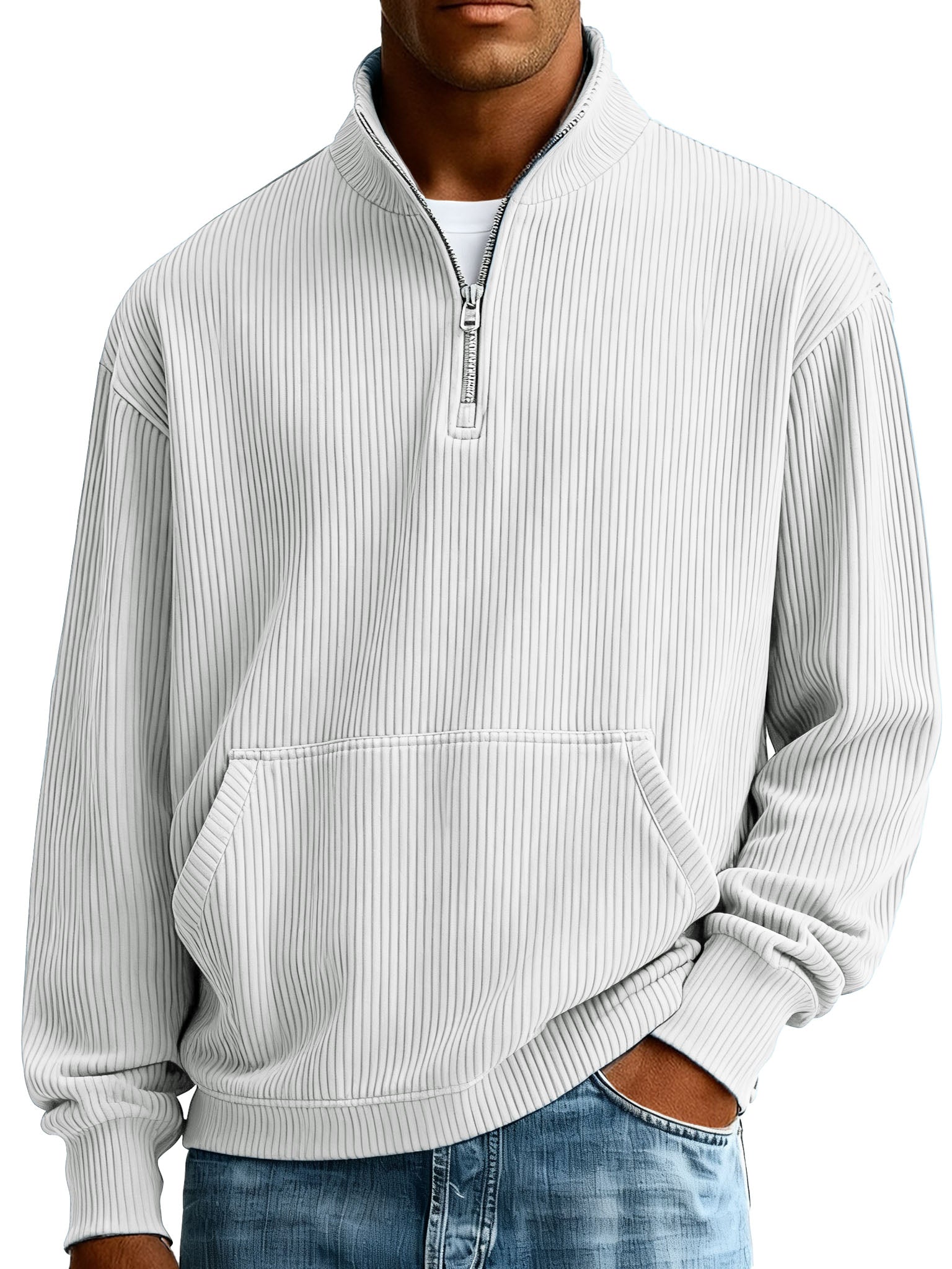  Men's Fashionable Casual Ribbed Fabric Stand-up Collar Half-zip Long-sleeved Sweatshirt