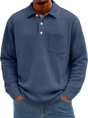 Men's Everyday Waffle Lapel Button Casual Pocket Long Sleeve Polo Shirt