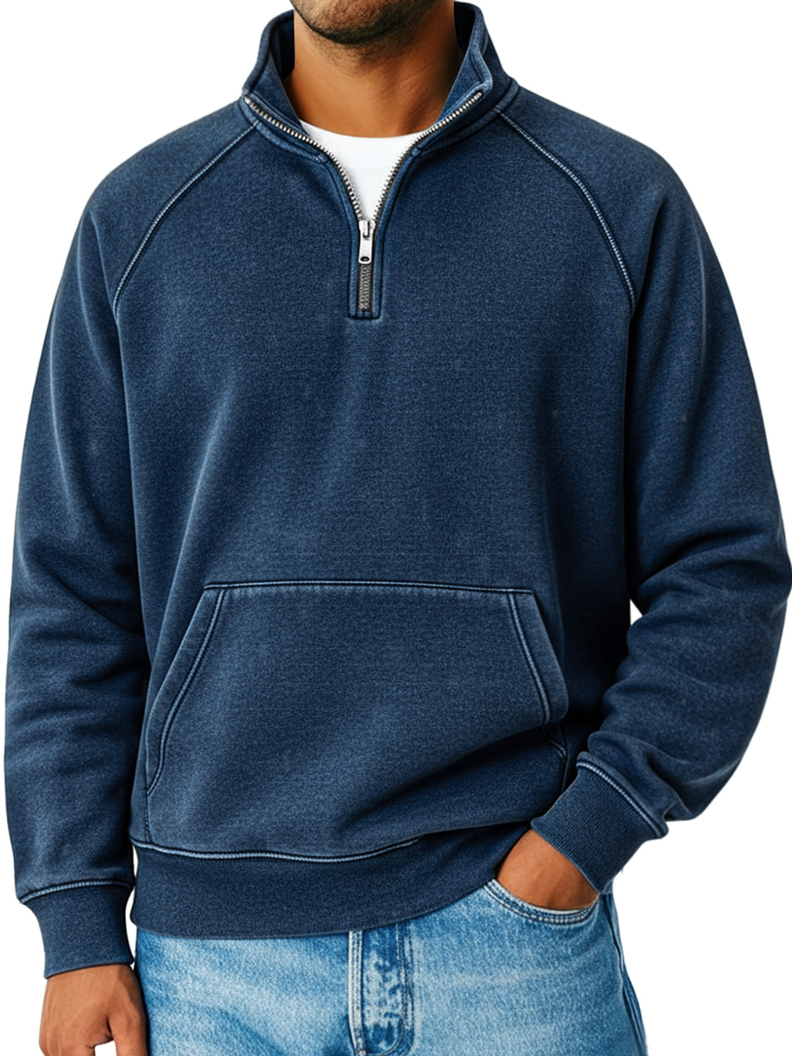 Men's Retro Raglan Sleeve Stand Collar Zipper Loose Casual Sweatshirt