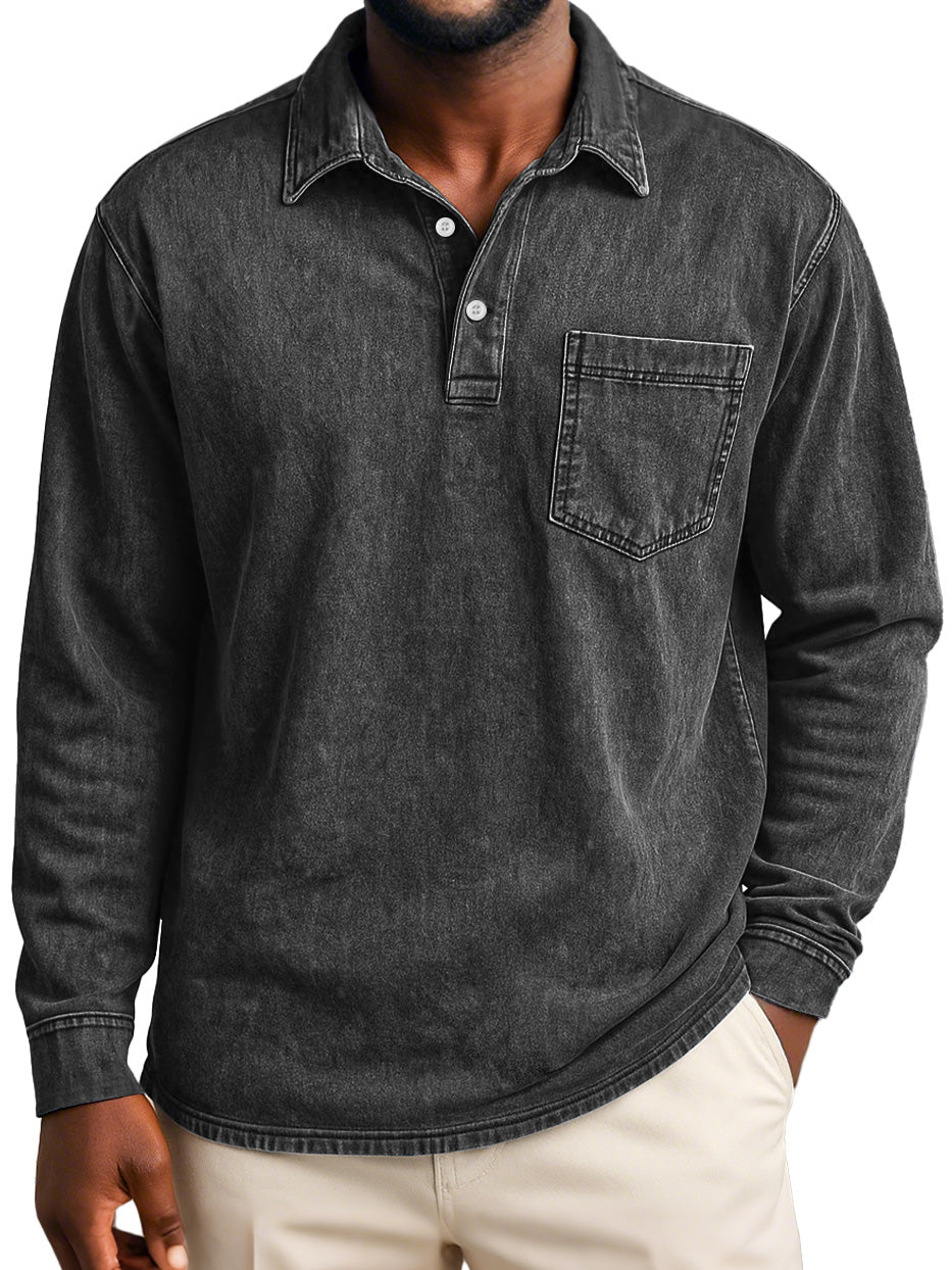 Men's Retro Casual Lapel Pocket Distressed Long-sleeved Polo Shirt