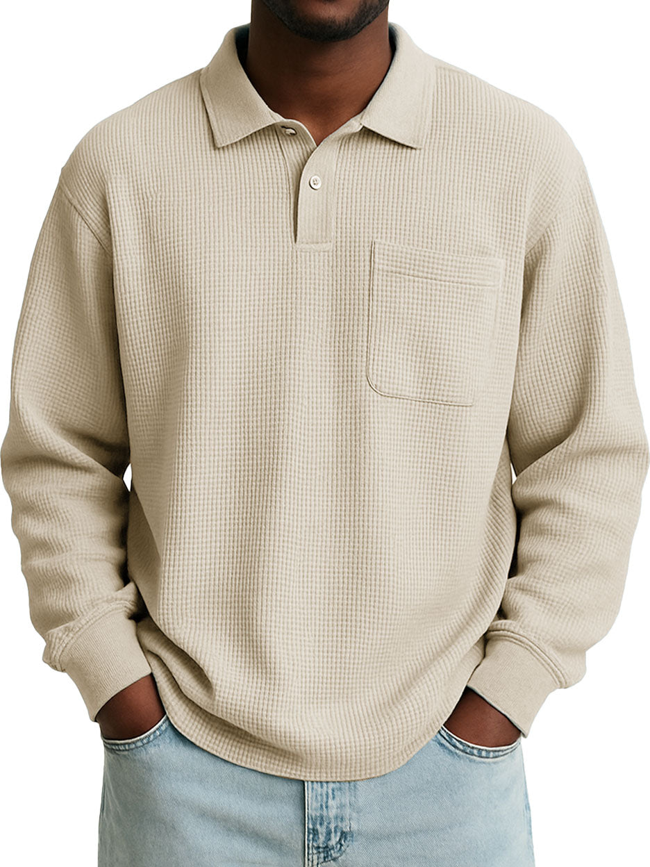 Men's Stylish Casual Everyday Waffle Long-sleeved Lapel Polo Shirt 