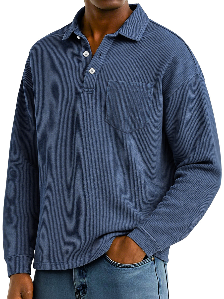 Men's Daily Ribbed Lapel Button-down Casual Pocket Polo Shirt