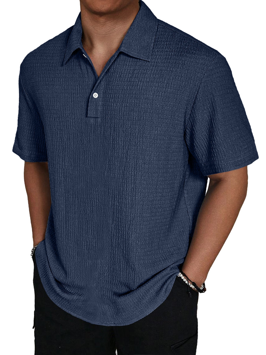 Men's Fashion Texture Lapel Button Casual Solid Color Short Sleeve POLO Shirt