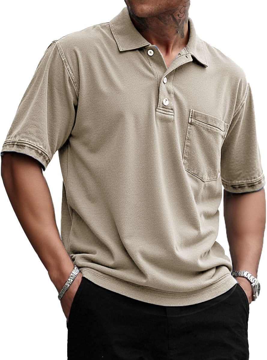Men's Stylish Retro Pure Cotton Distressed Fabric Pocket Lapel Polo Shirt 