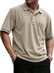 Men's Stylish Retro Pure Cotton Distressed Fabric Pocket Lapel Polo Shirt 