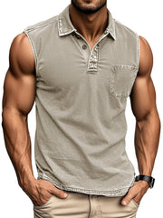 Men's Fashion Daily Distressed Fabric Pocket Sleeveless Polo Shirt 