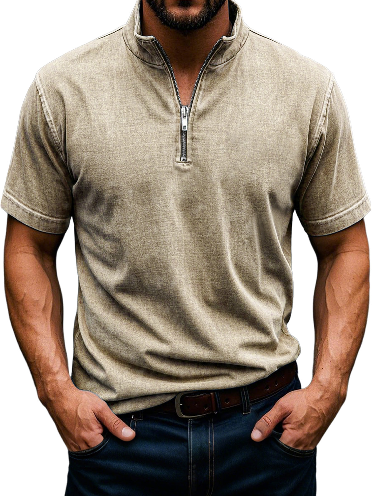 Men's Retro Stand Collar Zipper Casual Solid Color Short Sleeve T-Shirt