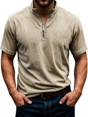 Men's Retro Stand Collar Zipper Casual Solid Color Short Sleeve T-Shirt