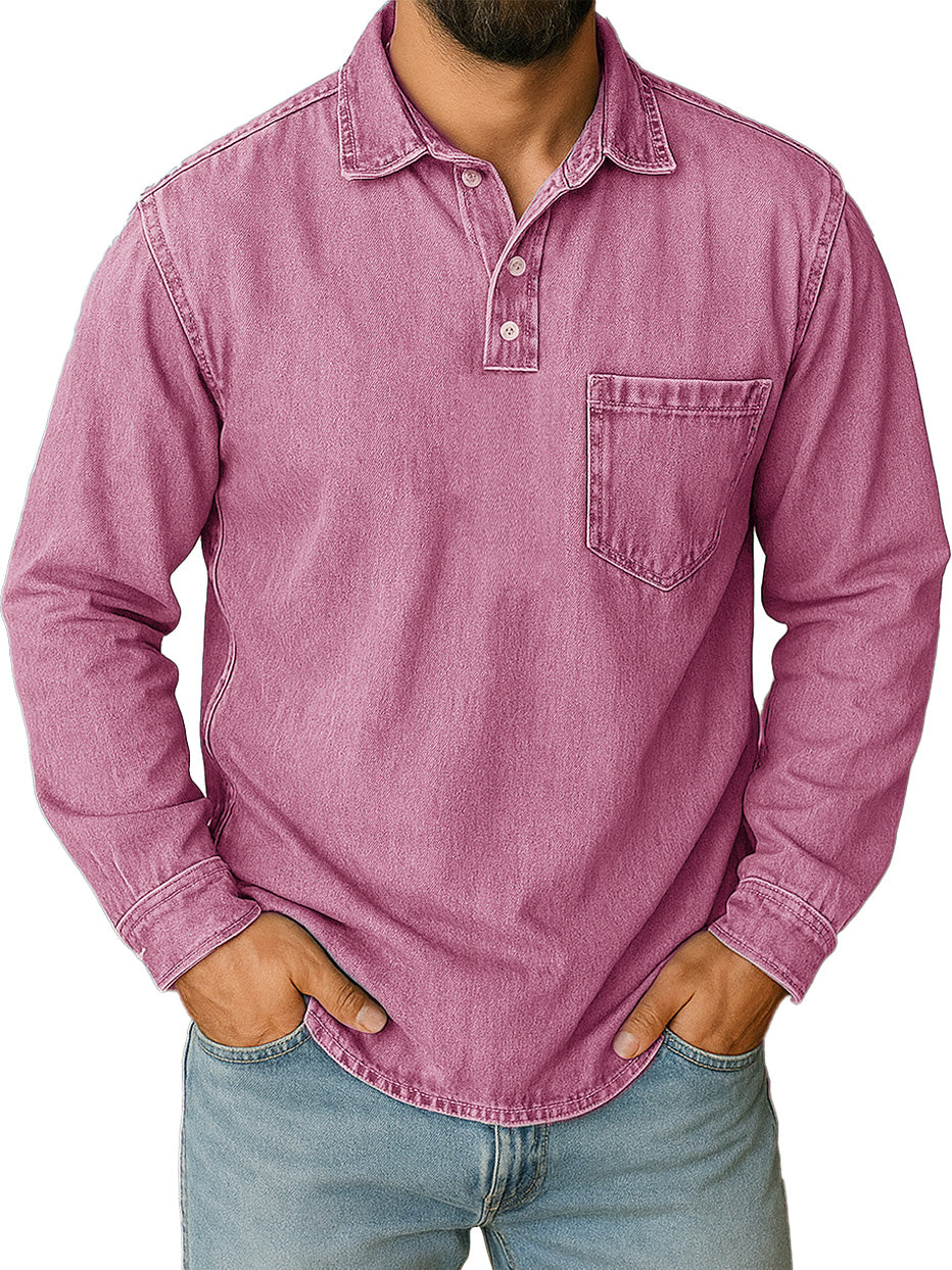 Men's Stylish Vintage Distressed Pocket Lapel Long-sleeved Polo Shirt 