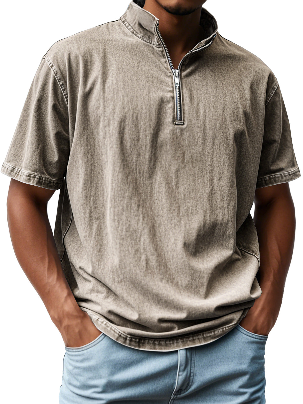 Men's Retro Stand Collar Zipper Casual Short Sleeve T-Shirt
