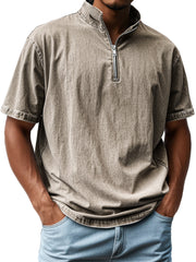 Men's Retro Stand Collar Zipper Casual Short Sleeve T-Shirt