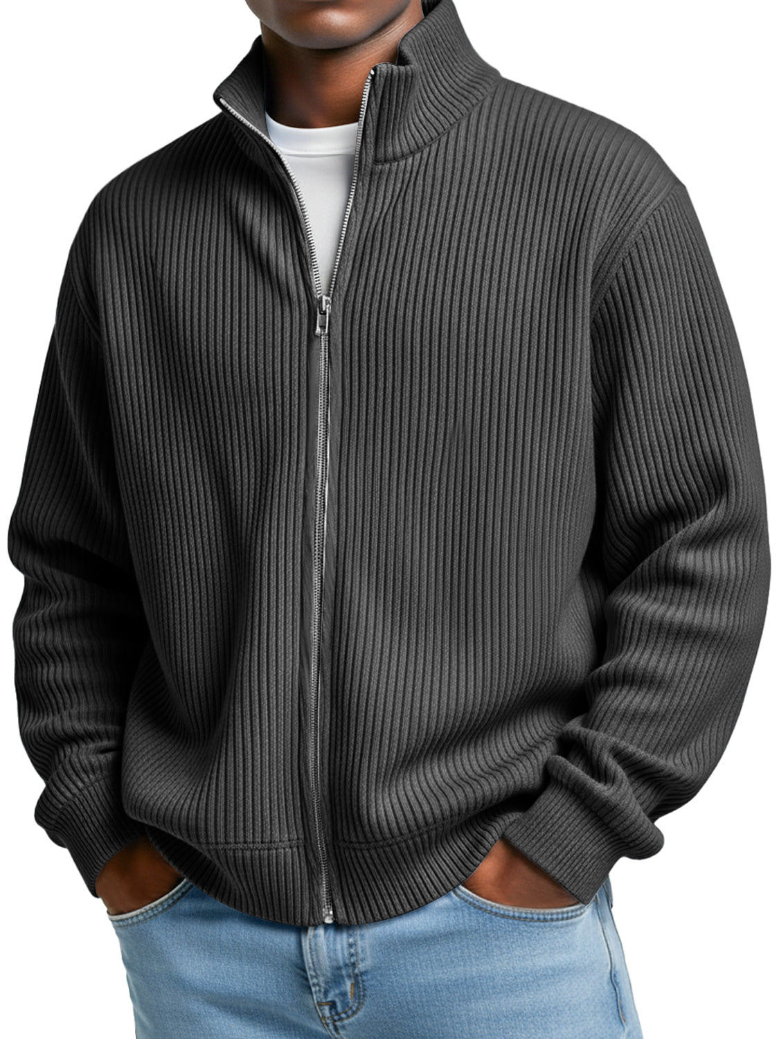 Men's Simple Stand-up Collar Ribbed Casual Loose Zipper Jacket
