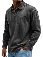 Men's Vintage Cotton Washed Lapel Button Casual Long Sleeve Polo Shirt