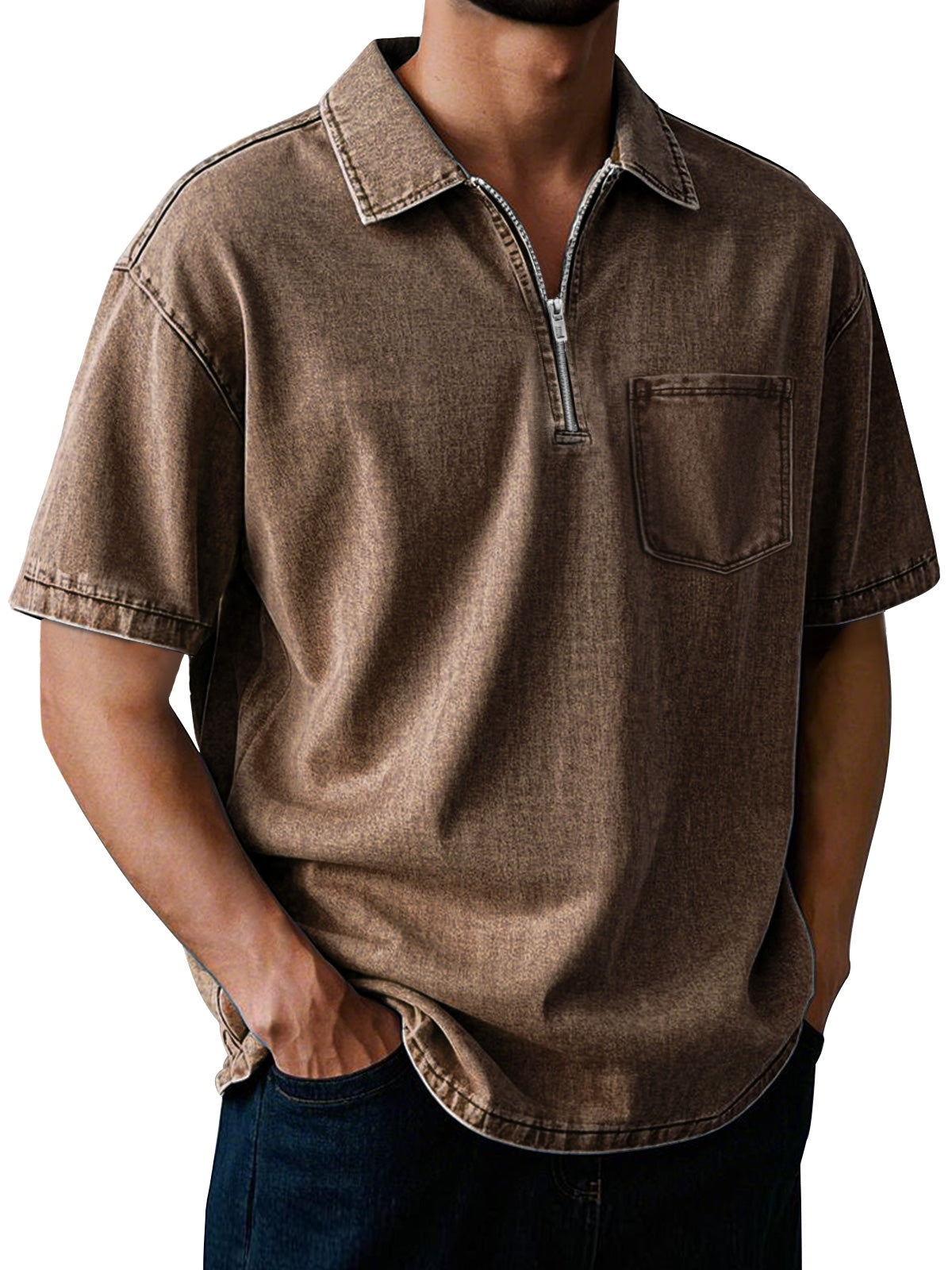 Men's Retro Lapel Zipper Pocket Casual Solid Color Short Sleeve POLO Shirt