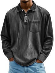 Men's Retro Lapel Button Casual Pocket Comfortable Long Sleeve Polo Shirt
