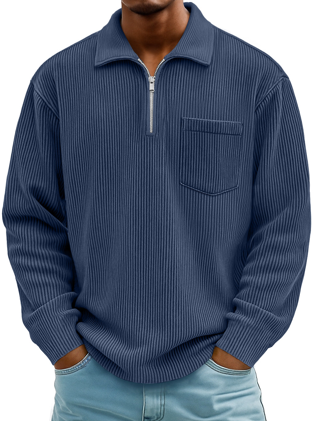 Men's Daily Casual Ribbed Lapel Manhattan Loose Long-sleeved Polo Shirt