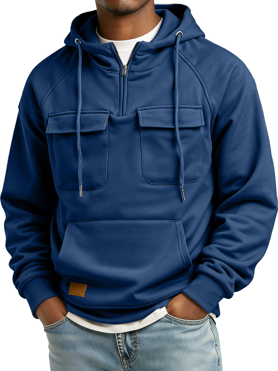 Men's Retro Zipper Double Pocket Embroidered Logo Casual Hoodie