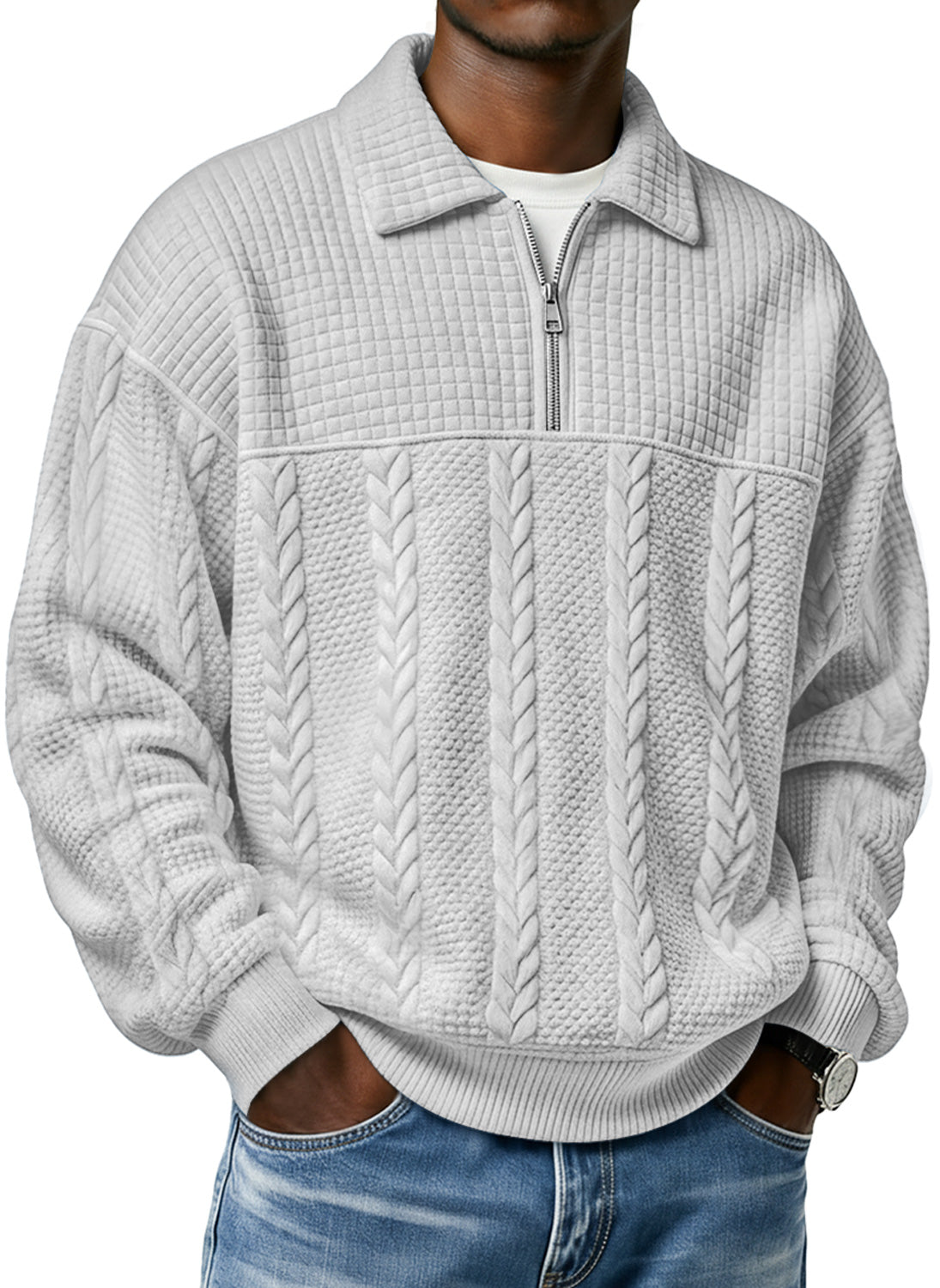 Men's Textured Lapel Zipper Casual Long Sleeve Polo Shirt