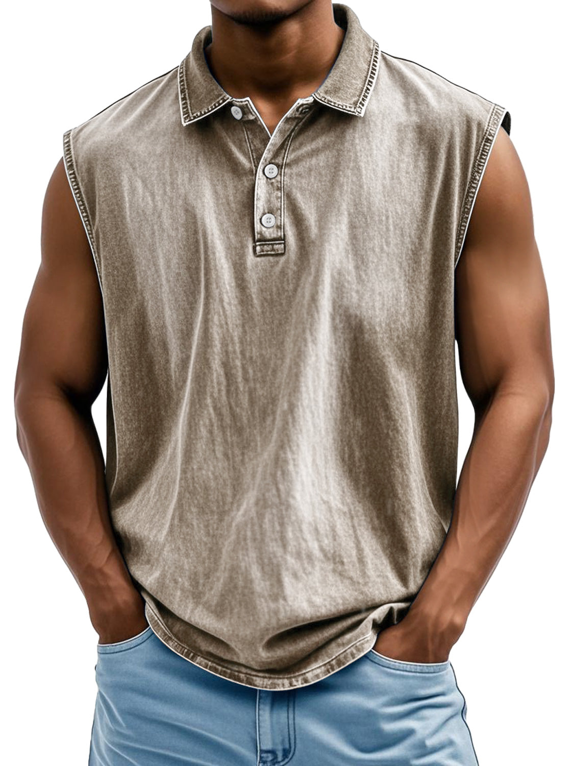 Men's Retro Casual Lapel Button Solid Color Loose Sleeveless POLO Shirt