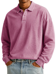  Men's Stylish Casual Padded Lapel Button-stitched Ribbed Long-sleeved Polo Shirt 