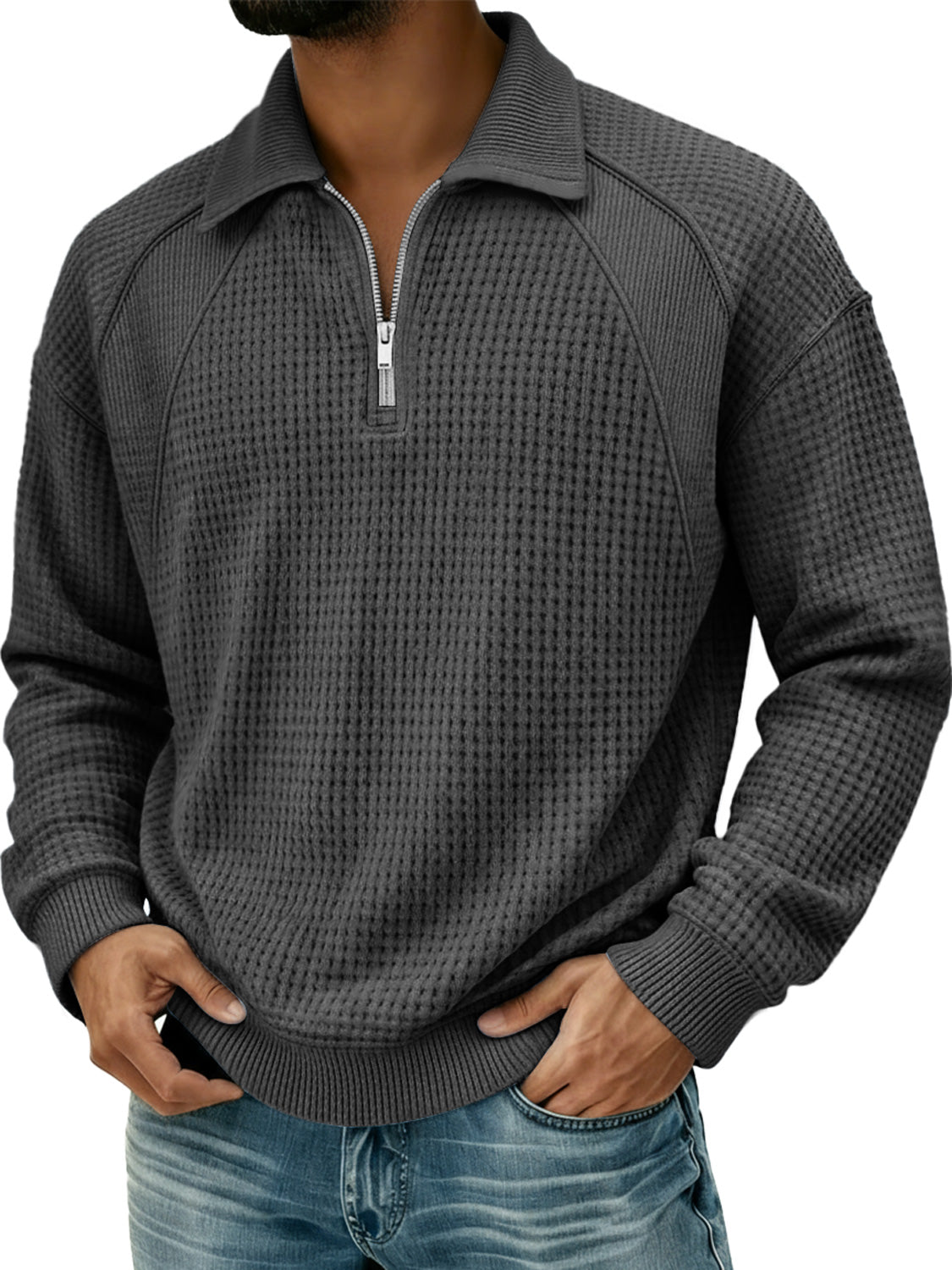 Men's Waffle Lapel Zipper Design Split Stitching Polo Shirt