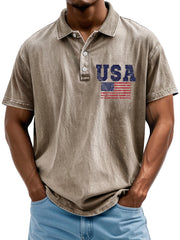 Men's Vintage American Independence Day Flag Print Lapel Short Sleeve Polo Shirt