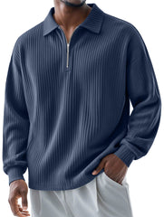Men's Fashionable Ribbed Lapel Zipper Casual Long-sleeved Polo Shirt