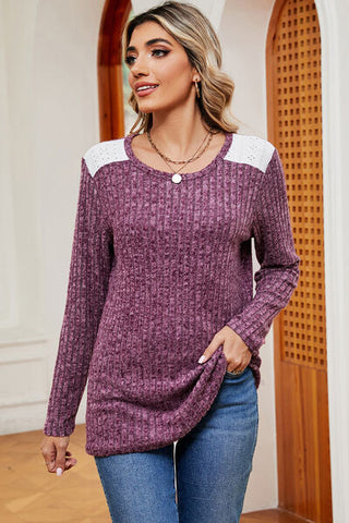 Women's Eyelet Ribbed Round Neck Long Sleeve T-Shirt