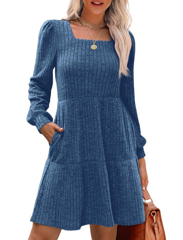 🔥Women's Square Neck Long Sleeve Fall Dresses Casual Babydoll Sweater Dress