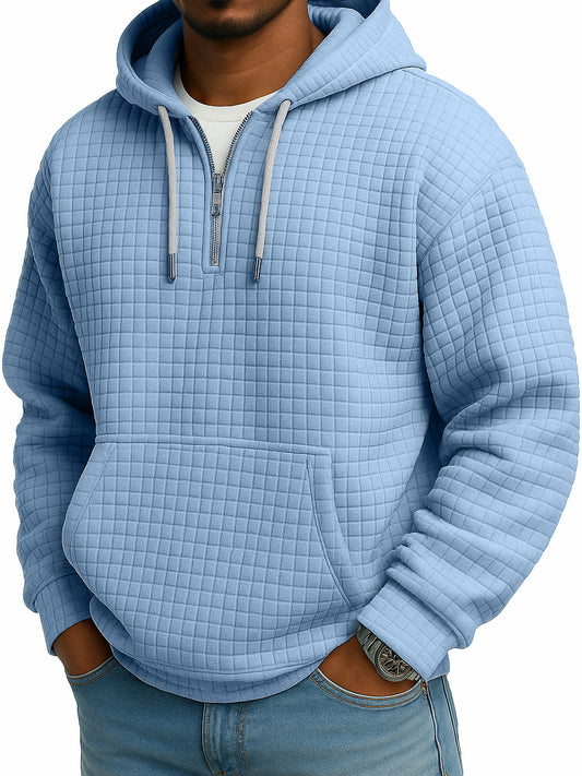 Men's Vintage Casual Solid Color Waffle Quarter Zip Pocket Hooded Sweatshirt