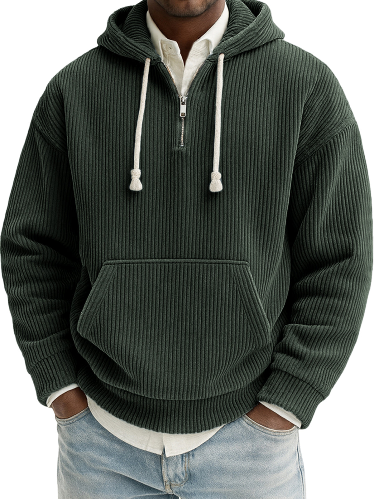 Men's Stylish Quarter-zip Corduroy Ribbed Casual Pullover Hooded Sweatshirt