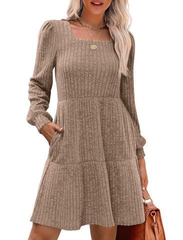 🔥Women's Square Neck Long Sleeve Fall Dresses Casual Babydoll Sweater Dress