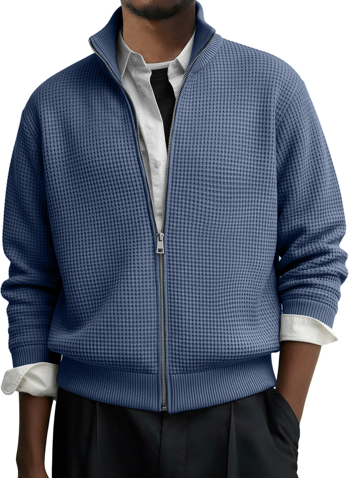 Men's Casual Solid Waffle Zip-up Long Sleeved Jacket