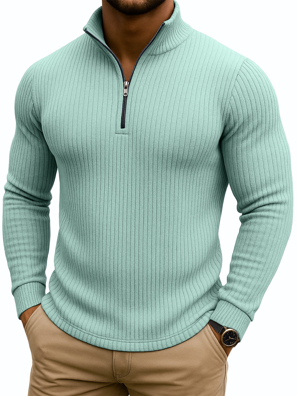 Men's Retro Casual Solid Color Striped Stand-up Collar Quarter-Zip Sweatshirt