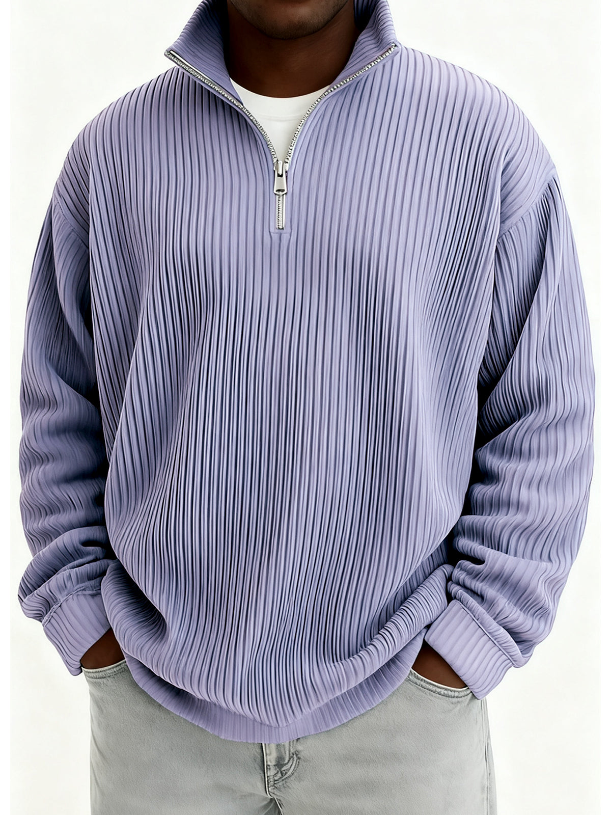 Men's Quarter-Zip Stylish Pleated Ribbed Pullover