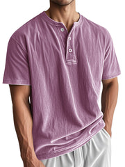 Men's Washed And Distressed Cotton Vintage Henley Collar Short-sleeved T-shirt