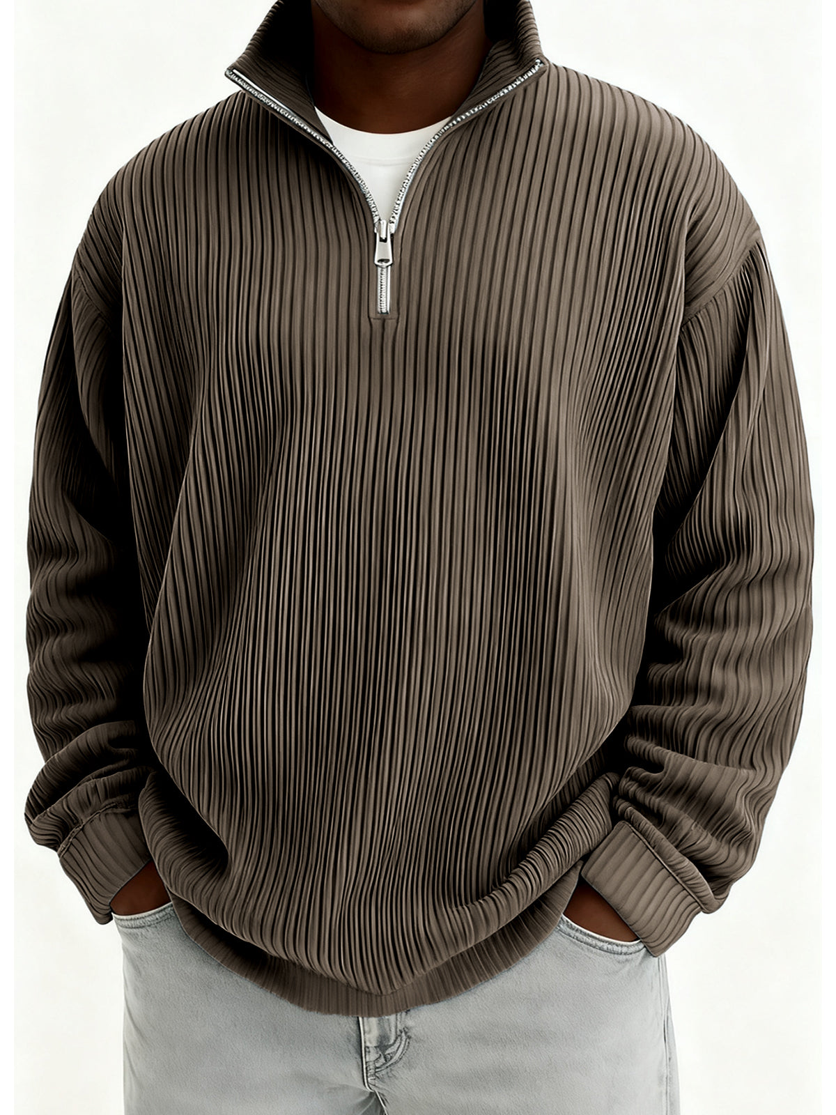 Men's Quarter-Zip Stylish Pleated Ribbed Pullover