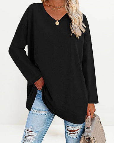 Women's Solid Color V Neck Long Sleeve Pullover Basic T-shirts Casual Sweatshirt