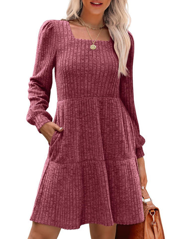 🔥Women's Square Neck Long Sleeve Fall Dresses Casual Babydoll Sweater Dress