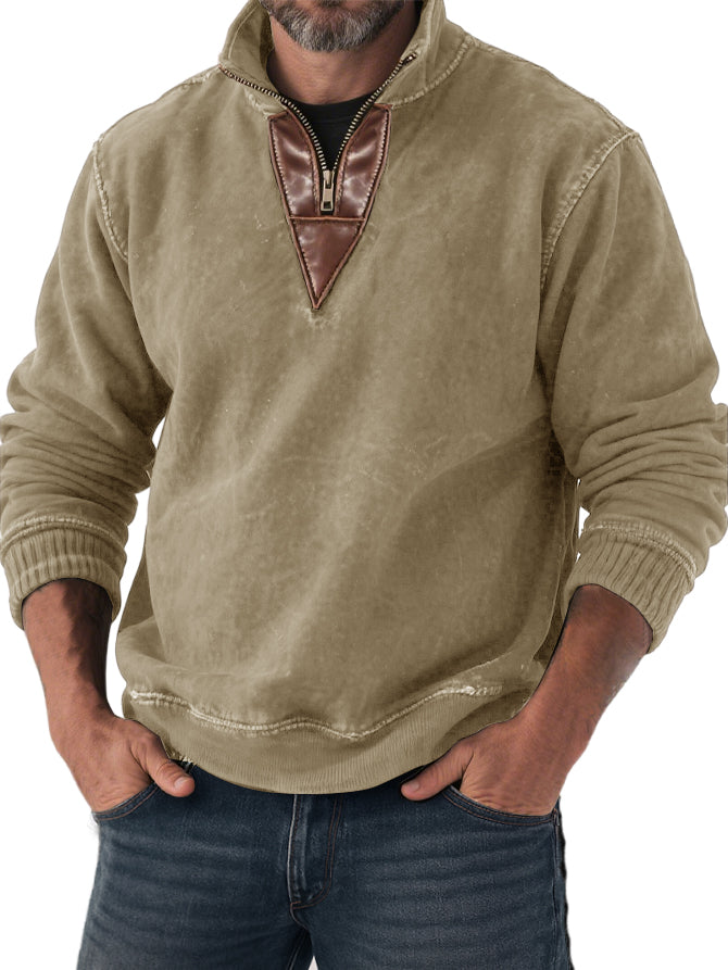Men's Vintage Casual Patchwork Half-zip Stand-up Collar Casual Sweatshirt