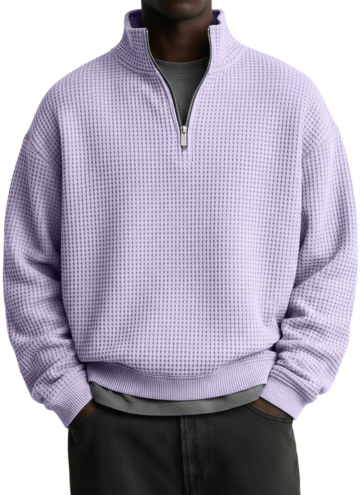 Men's Casual Solid Waffle Fabric Stand Collar Zip Sweatshirt