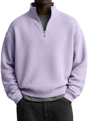 Men's Casual Solid Waffle Fabric Stand Collar Zip Sweatshirt