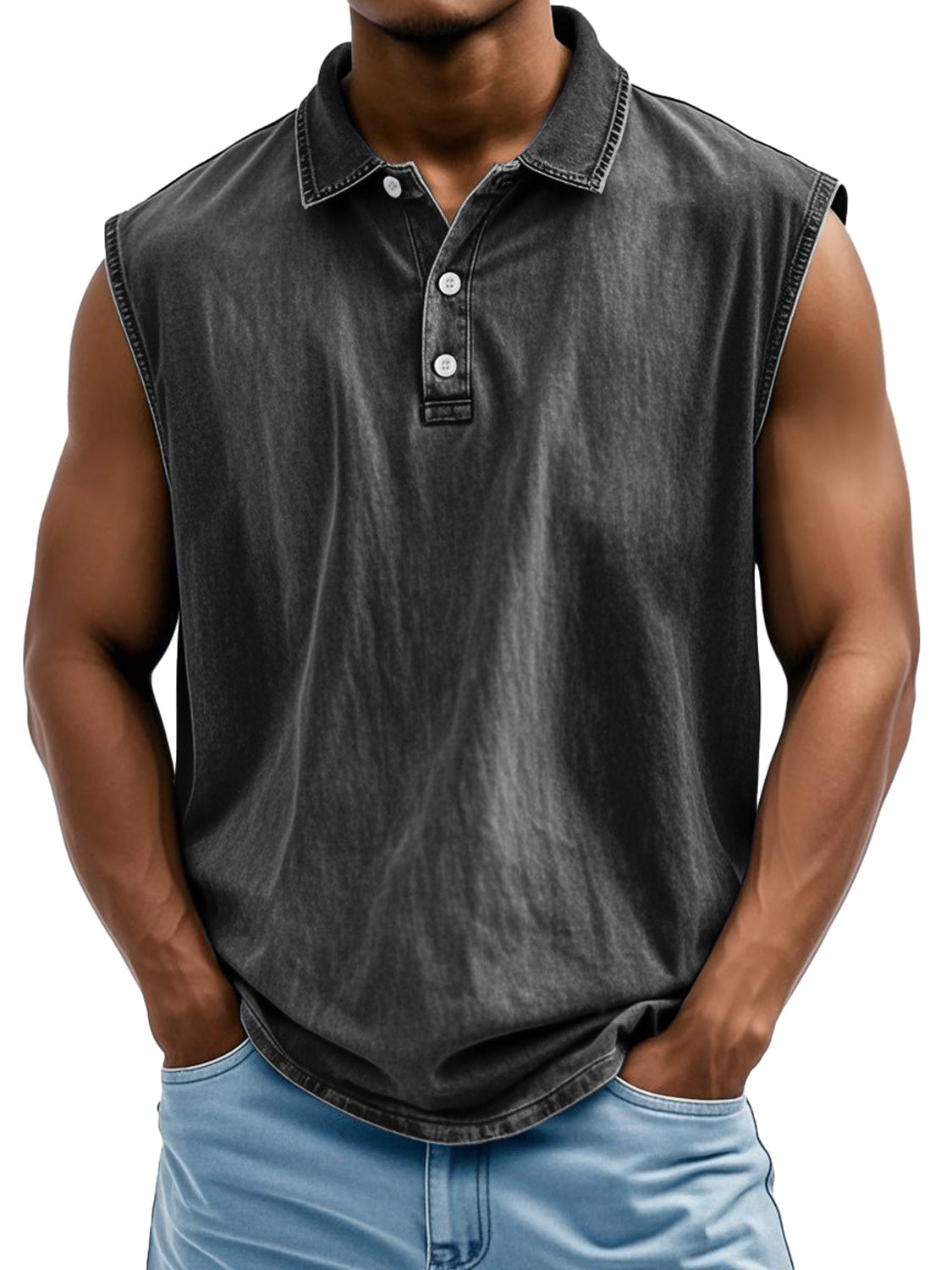 Men's Retro Casual Lapel Button Solid Color Loose Sleeveless POLO Shirt
