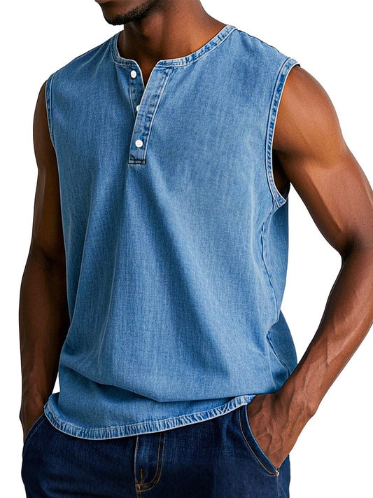 Men's Casual Retro Solid Color Loose Sleeveless Henley Shirt