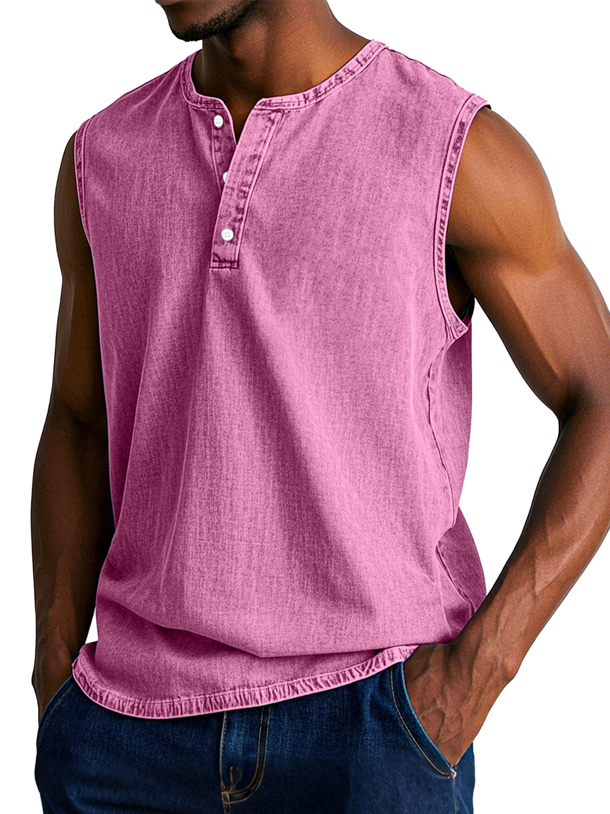 Men's Casual Retro Solid Color Loose Sleeveless Henley Shirt