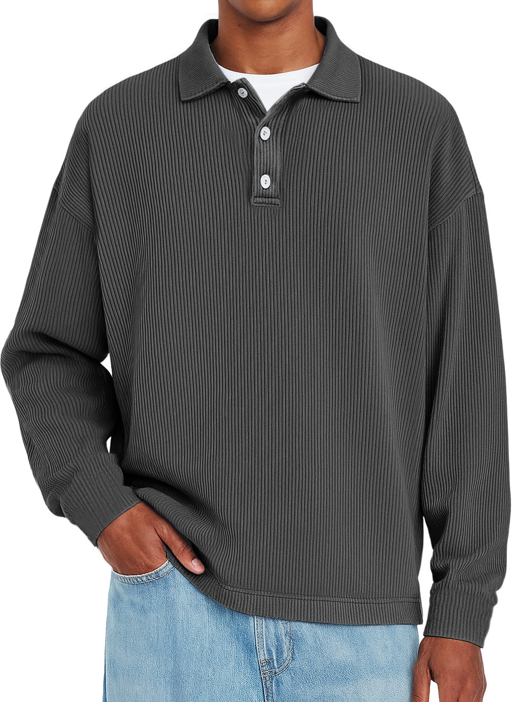 Men's Daily Ribbed Lapel Button-down Casual Solid Color Long-sleeved Polo Shirt